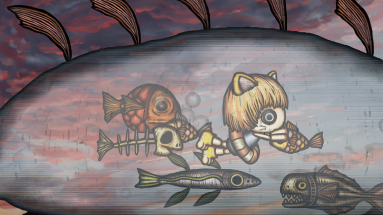 Official scene of the doll travelling through the large illustrated fish